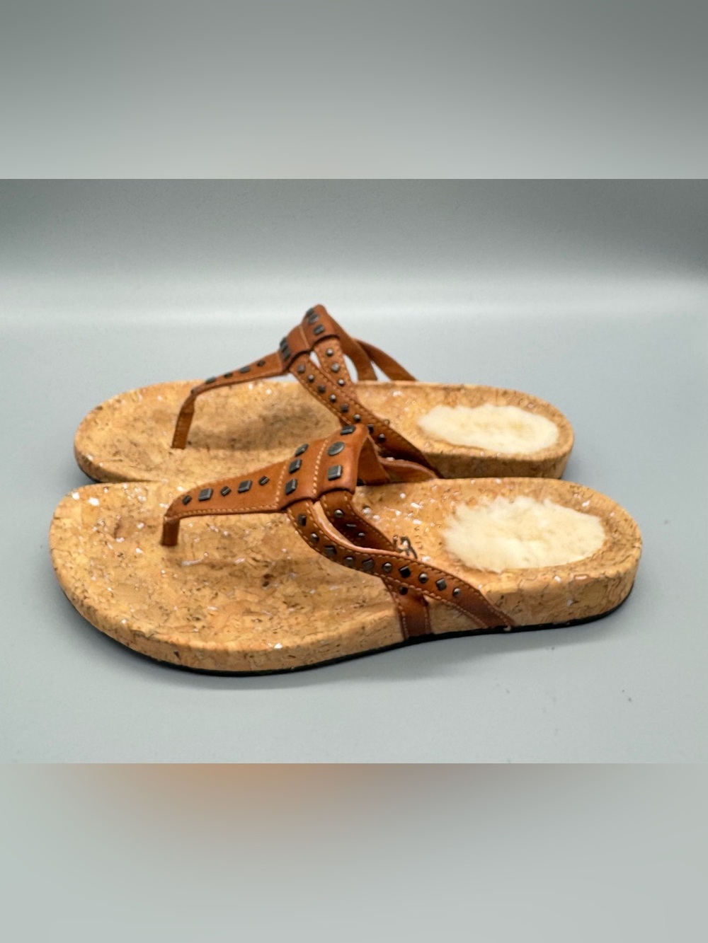 Ugg Dietra Brown Studded Thong Sandals Cork Footbed Womans sz 7 Orig $120